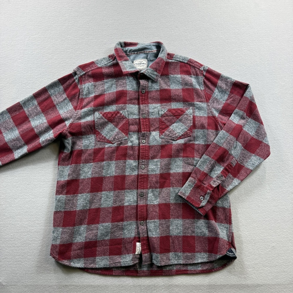 Flag & Anthem Shirt Mens XL Red Gray Plaid Flannel Long Sleeve Button‎ Front